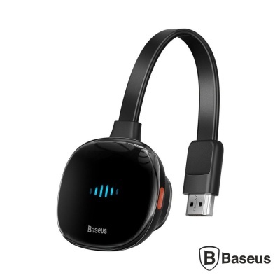 Adaptador Baseus preto com conector HDMI e botão laranja
