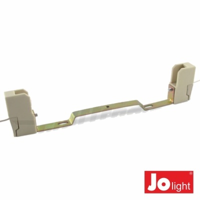 Suporte para lâmpada tubular com extremidades em plástico branco e estrutura metálica