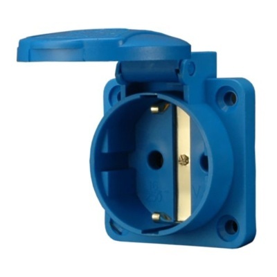 Tomada elétrica industrial azul com tampa articulada