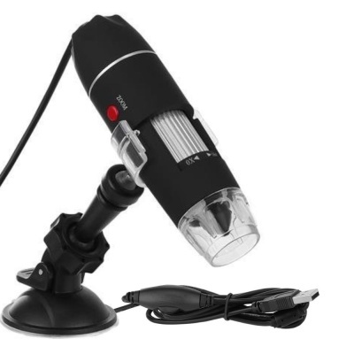 Microscópio digital preto com suporte de ventosa e cabo USB