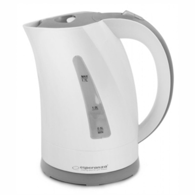 Chaleira elétrica branca e cinza com indicador de nível de água