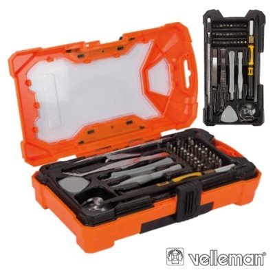 Conjunto de ferramentas Velleman em caixa laranja e preta