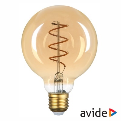 Lâmpada de filamento decorativo âmbar com base dourada e texto 'avide'