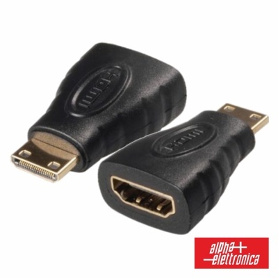 Adaptador HDMI preto com conector macho e fêmea dourados.