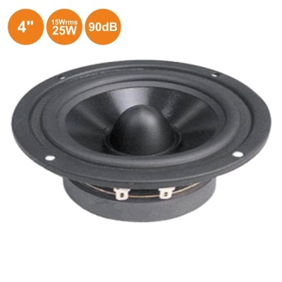 Alto-falante preto redondo de 4 polegadas com etiqueta laranja e texto branco