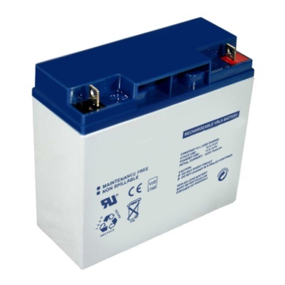 Bateria recarregável VRLA branca com tampa azul e terminais metálicos