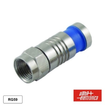 Conector coaxial metálico para cabo RG59 com detalhe azul