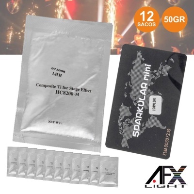 Pacotes prateados e pretos de efeito de palco com texto, sobre fundo com faíscas, 12 sacos de 50 gramas
