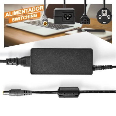 Fonte de alimentação preta com cabo e conector e selo laranja 'ALIMENTADOR SWITCHING'