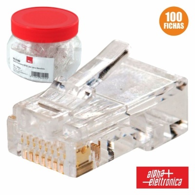 Conector RJ45 transparente com embalagem e selo '100 FICHAS'