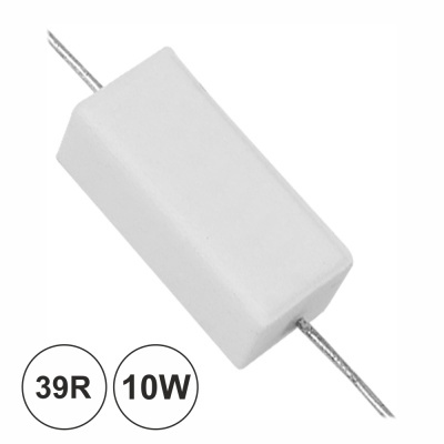 Resistor retangular branco com fios metálicos e texto 39R 10W