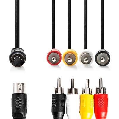 Cabos de áudio e vídeo com conectores RCA coloridos e conector preto com 5 pinos.