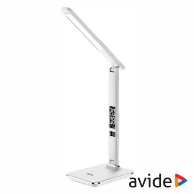Candeeiro de secretária branco com ecrã digital e base retangular