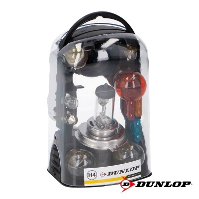 Conjunto de lâmpadas para automóvel Dunlop H4 em blister transparente com suporte preto
