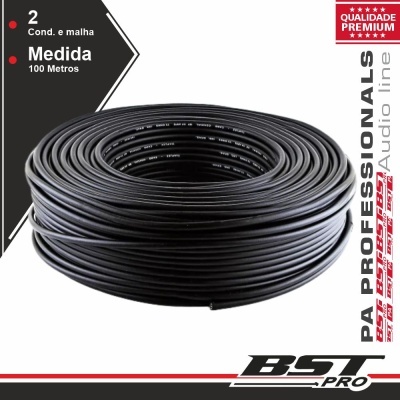 Carretel de cabo elétrico preto de 100 metros em fundo branco com textos promocionais.