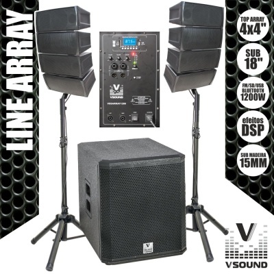 Sistema de som line array preto com subwoofer e suportes de tripé