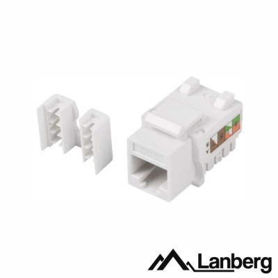 Conector de rede RJ45 branco com tampas e logótipo Lanberg