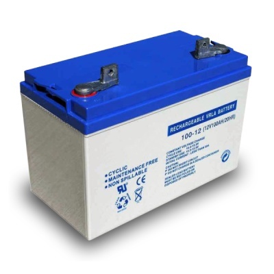 Bateria recarregável VRLA com capa azul e corpo branco com texto