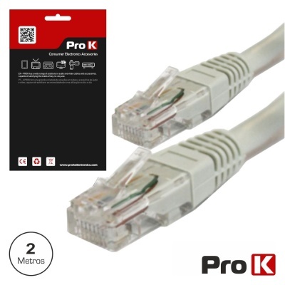 Cabo de rede ethernet cinzento com conectores RJ45 e embalagem Pro K