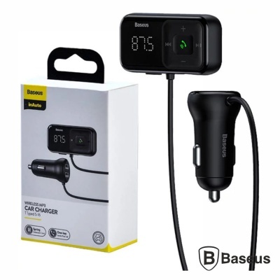 Carregador de carro Baseus preto com ecrã digital e embalagem