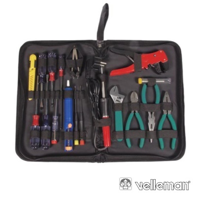 Conjunto de ferramentas Velleman em estojo preto com várias ferramentas manuais