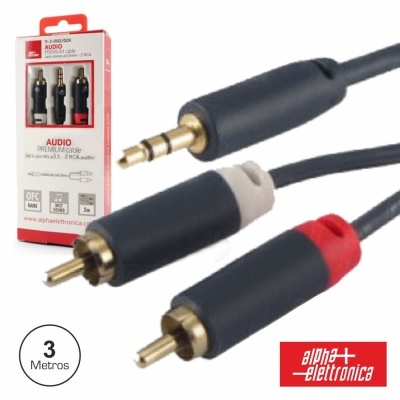 Cabo áudio 3 metros com jack 3.5mm e RCA preto e vermelho, embalagem Alpha Elettronica