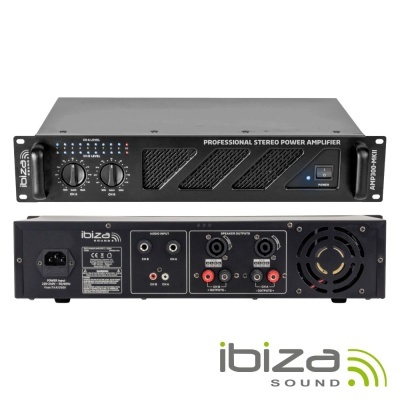 Amplificador de som profissional Ibiza Sound AMP300 MK2 preto com botões, LEDs e conexões áudio