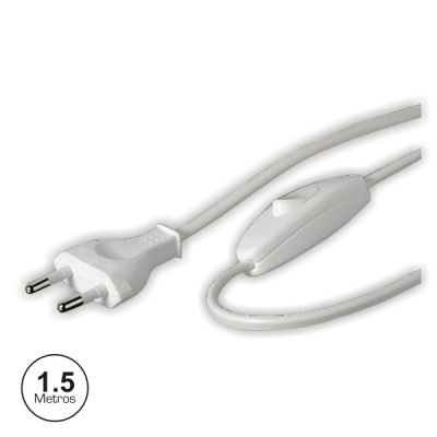 Cabo elétrico branco com ficha dupla e interruptor, 1,5 metros