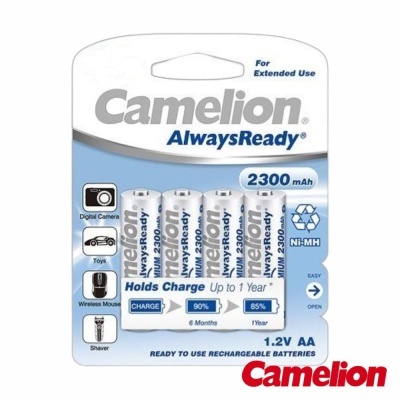 Pilhas recarregáveis AA Camelion AlwaysReady 2300 mAh em embalagem azul e branca