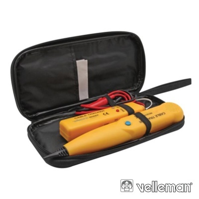 testador de cabos amarelo dentro de estojo preto aberto com cabos vermelhos e pretos