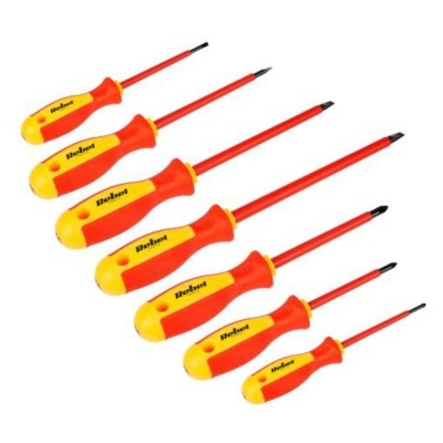 Conjunto de seis chaves de fendas isoladas com cabo amarelo e vermelho.