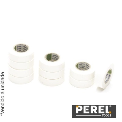 Rolos de fita isolante branca alinhados com texto NITTO no interior