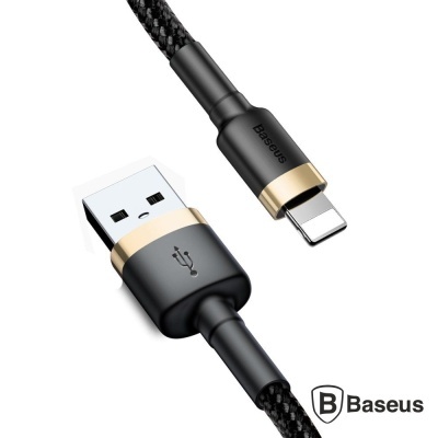 Cabo de carregamento preto com conector USB e Lightning, marca Baseus