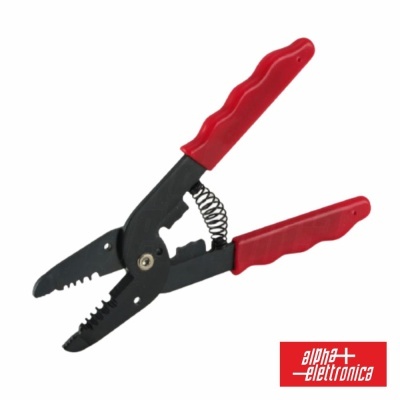 Alicate de decapagem vermelho e preto com mola, em fundo branco e logótipo Alpha Elettronica