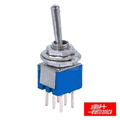 Interruptor toggle azul com terminais metálicos e logótipo alpha elettornica em vermelho