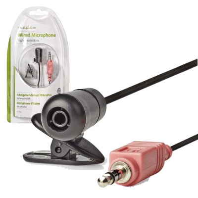 microfone com fio preto e conector jack rosa em embalagem branca