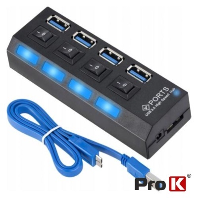 Hub USB preto com 4 portas azuis e cabo USB azul