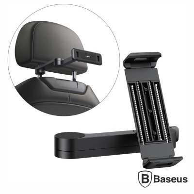 Suporte de telemóvel preto ajustável para cabeça de carro, instalado em encosto de banco de couro preto