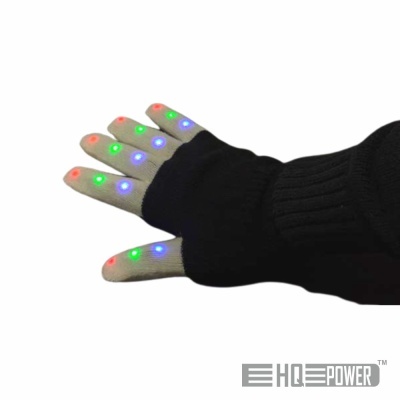 Luva preta com pontas dos dedos bege e luzes LED coloridas