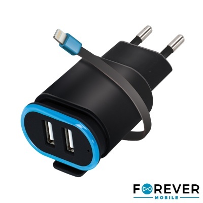 carregador de parede com duas portas USB e cabo Lightning integrado