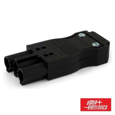 Conector elétrico preto de plástico com três entradas cilíndricas e corpo rectangular