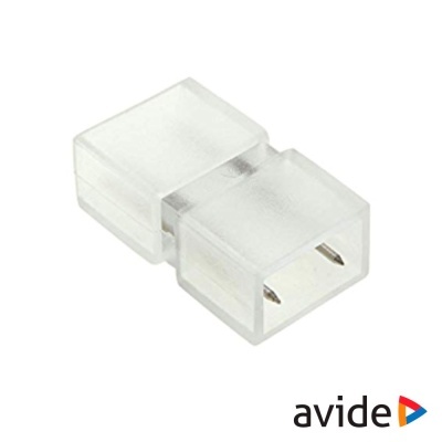 Conector elétrico transparente com dois pinos metálicos, marca avide