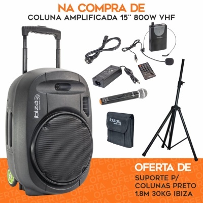 Coluna amplificada preta com microfone, cabo, bateria, controlo remoto, suporte de coluna e saco de transporte