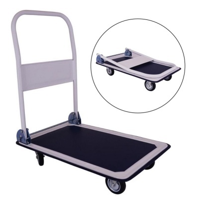 Carrinho de plataforma cinza claro com base preta e rodas, pega dobrável.