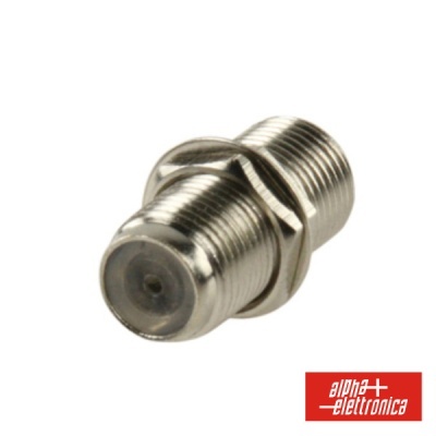 Conector coaxial F metálico prateado com porca dentada e logotipo alpha elettronica