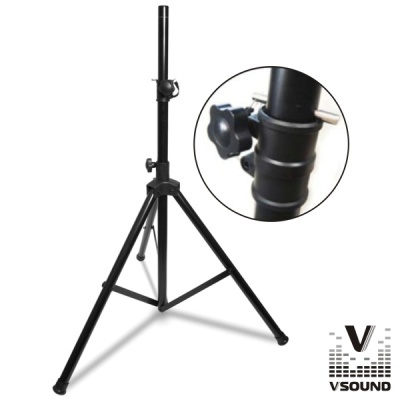 Suporte tripé ajustável preto em metal com base triangular e botão de aperto