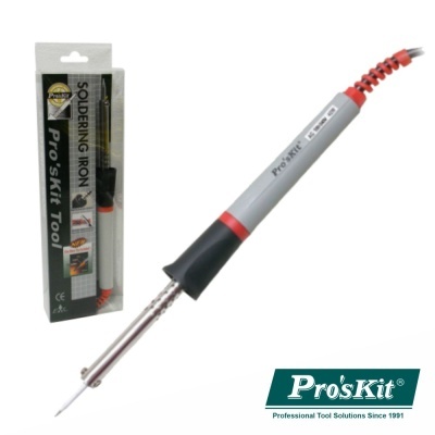 Ferro de soldar Pro'sKit com cabo cinza e vermelho e embalagem