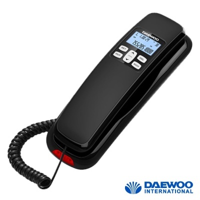 Telefone fixo preto Daewoo com ecrã digital e cabo espiralado