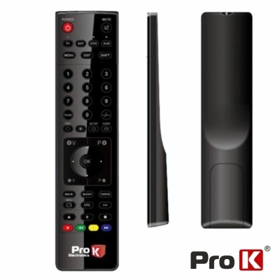 Comando remoto preto da Pro K Electronics com vários botões visíveis, mostrado de frente, lado e atrás com fundo branco.