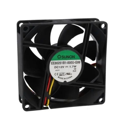 Ventoinha eletrónica SUNON preta com etiqueta de especificações no centro